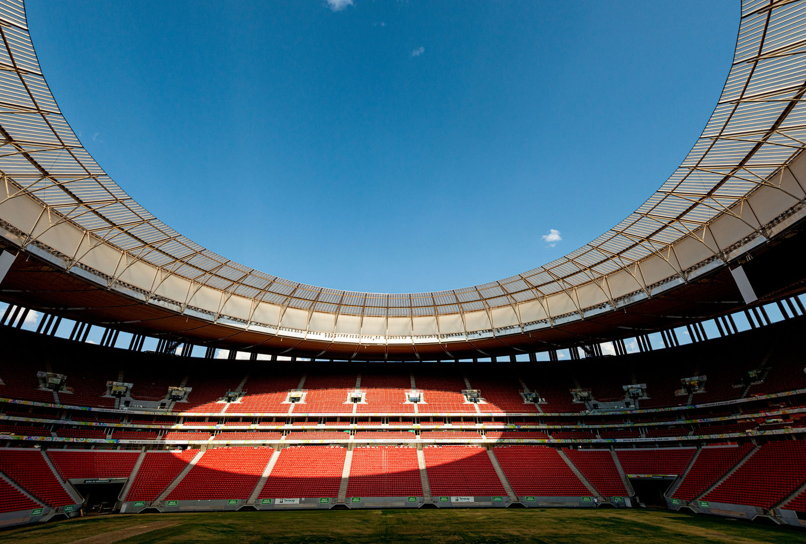 A view of a large sports stadium from the field